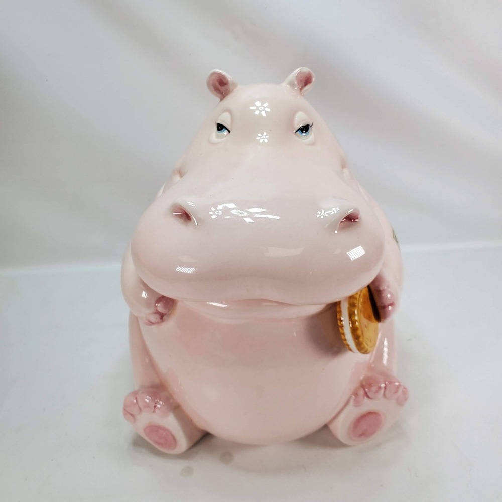 Fitz Floyd Hippo Cookie Jar Pink Vintage 1980 Japan Hand Painted Kitsch Ceramic